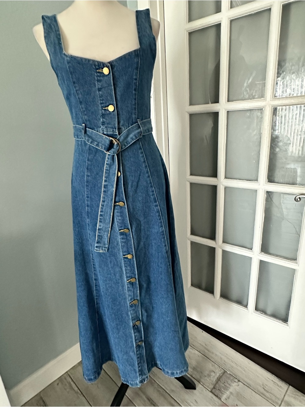Blue Denim Button-Front Maxi Dress with Waist Tie Belt